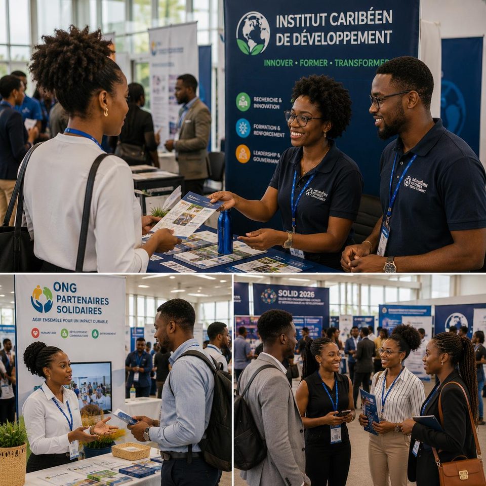 Kiosques d'exposants au Salon SOLID : Institut Caribéen de Développement, ONG Partenaires Solidaires et jeunes professionnels devant la bannière SOLID 2026