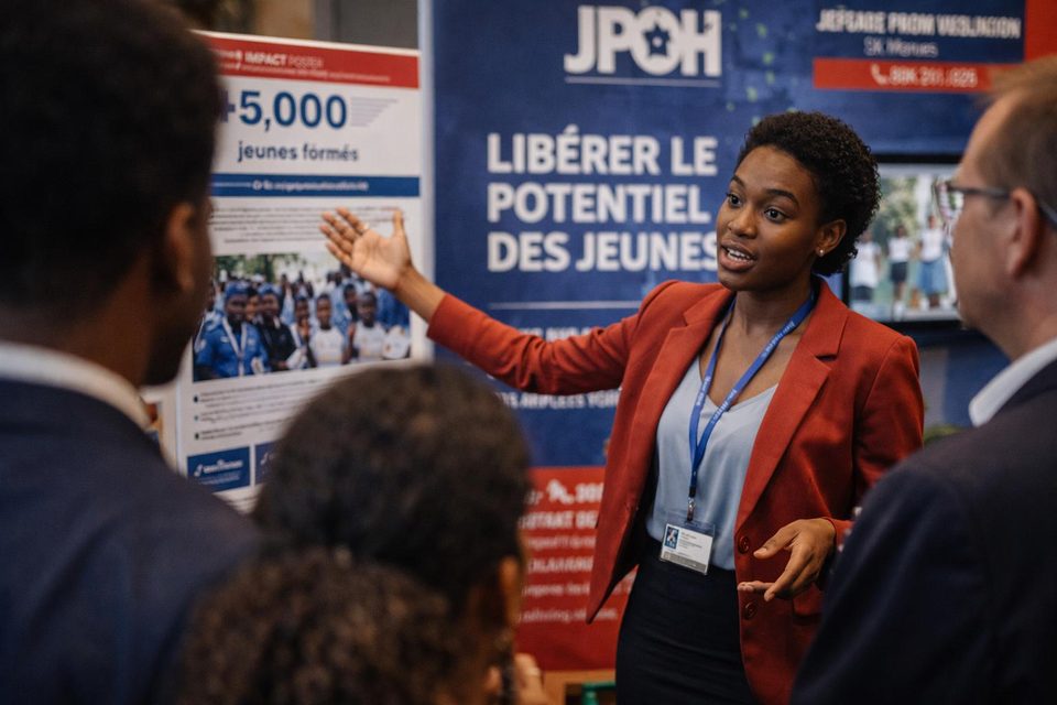 Jeune professionnelle en blazer rouge présentant le kiosque JPOH « Libérer le potentiel des jeunes » au Salon SOLID